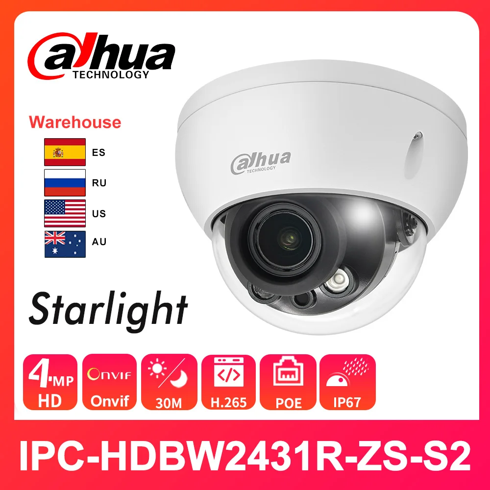 Сетевой видеорегистратор Dahua 4MP IP Камера HD POE купол IK10 IP67 IPC HDBW2431R ZS S2 ИК