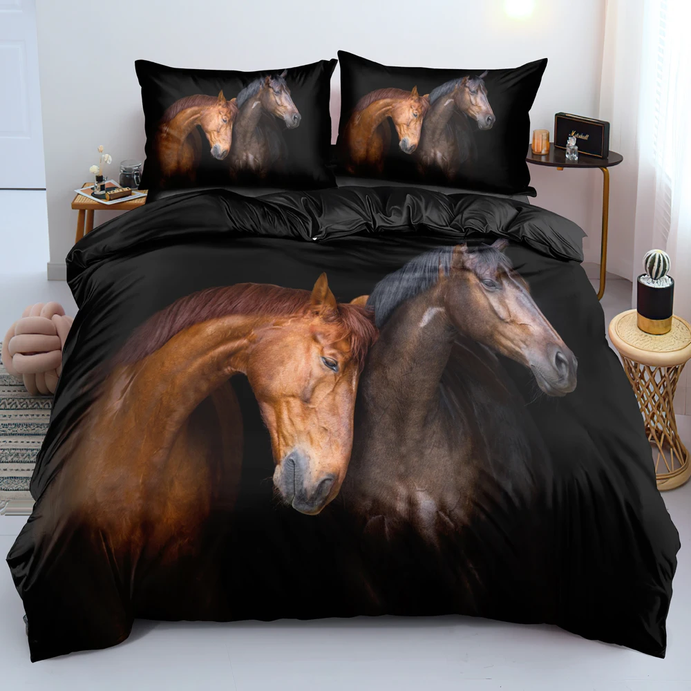Комплект пододеяльников с 3D рисунком пары черных лошадей индивидуальный дизайн