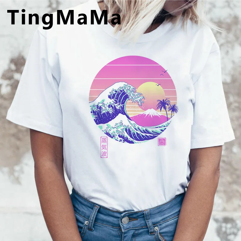 Женская футболка в японском стиле с героями мультфильмов The Great Wave Харадзюку хип