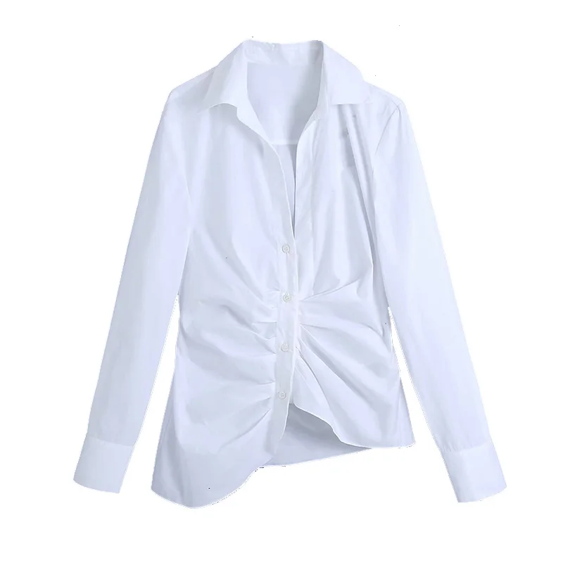 

2021 новая весенняя женская рубашка из поплина, плиссированная рубашка с длинными рукавами и отложным воротником, модная женская повседневна...