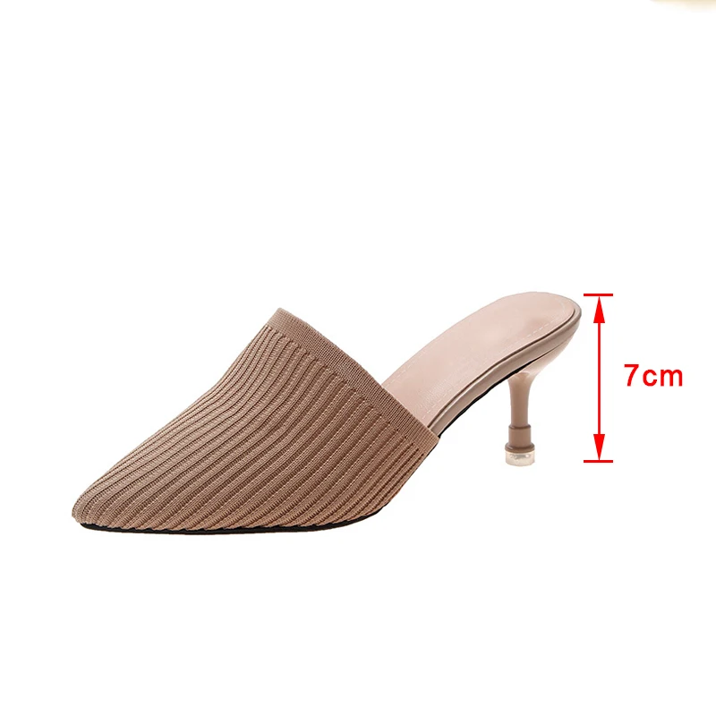 

Women Mules Knitted Shoes Pointed Toe Slippers High Heels Female Outside Slides Fashion Thin Heel Elegant Slip On Summer Casual