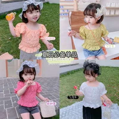 

Хлопковая футболка для маленьких девочек, Новинка лета 2020, Стильная хлопковая плиссированная футболка с пышными рукавами и короткими рукав...