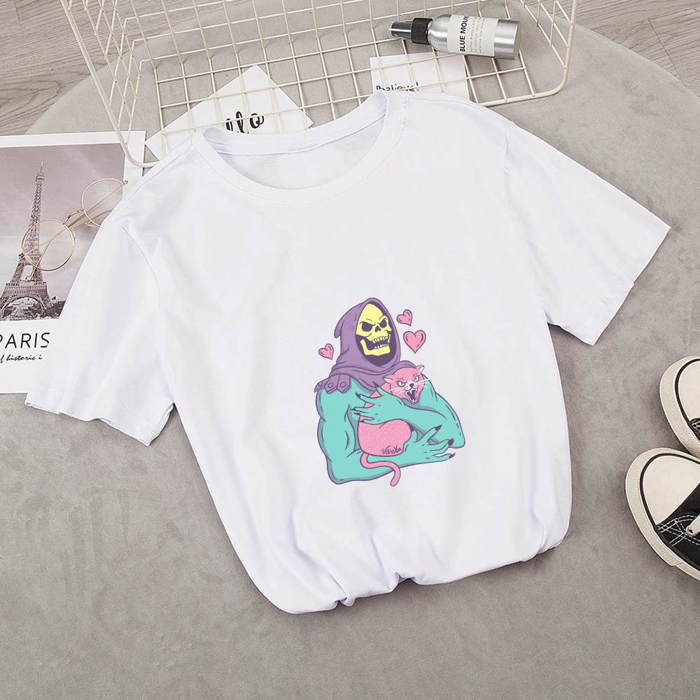 Cute Skull Cat T-Shirt Unisex Aesthetic Grunge Black Tee Gothic Clothing Witch Shirt Womens Short Sleeve Harajuku Chic T Shirts | Женская