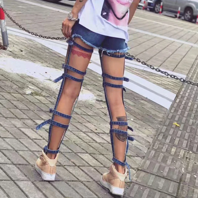 

CHICEVER Sexy Solid Denim Trousers For Women High Waist Hollow Out Lace Up Korean Streetwear Shorts Female 2021 Summer Clothing
