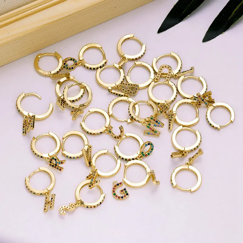 

1 PC Trendy Zircon Initial A-Z Letter Hoop Earring For Women Punk Rainbow Gold Color Plated Stud Ear Huggie Jewelry Hip Hop 2021