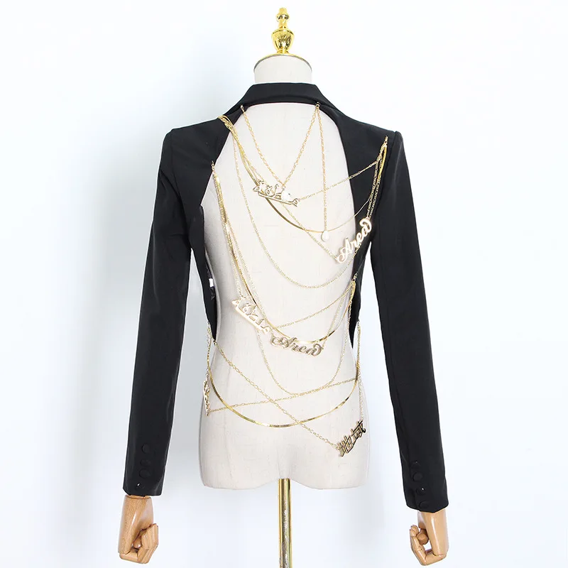 

Zoulv Independent Aesthetic Personality Suit Back Big Hollow Metal Chain Decoration V-neck Long Sleeve Blazer Jackets Lady Coat