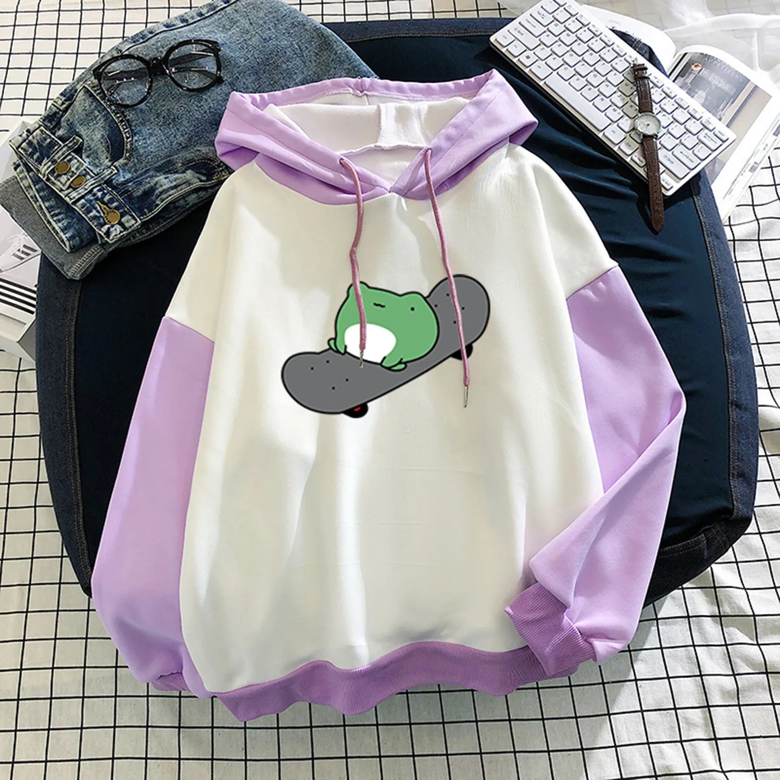 Women's Fashion Hoodie New Stitching Cute Plus Skateboard Frog Printed Velvet Long-sleeve Hooded Sweatshirt Top Sudaderas