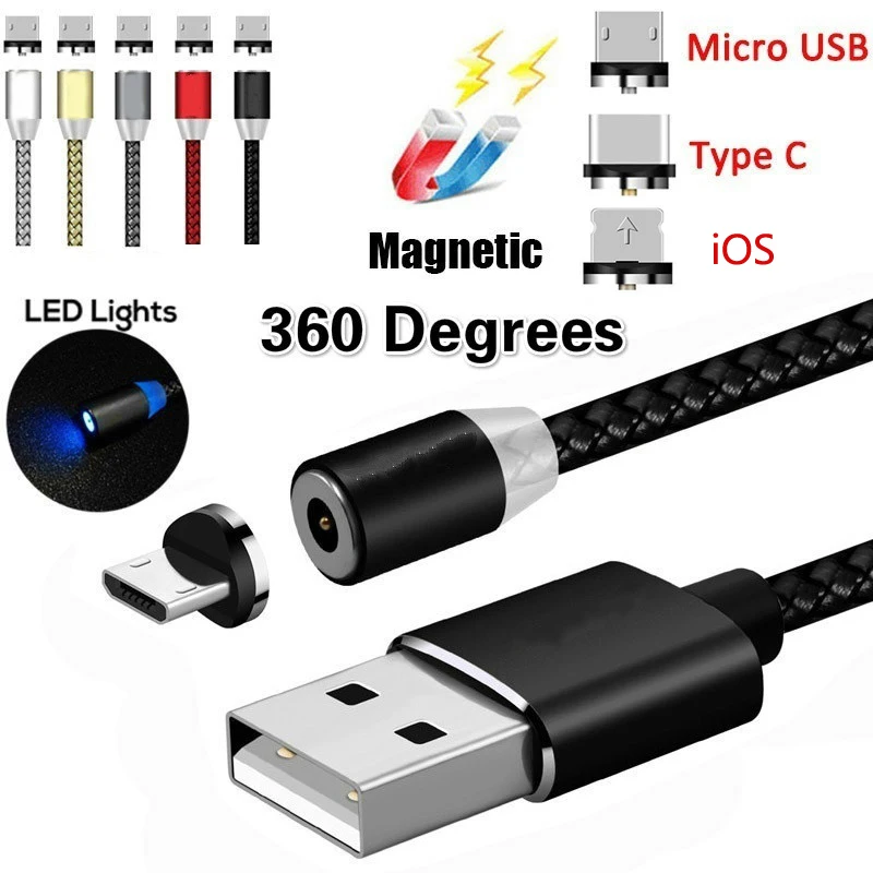 Магнитный usb-кабель для быстрой зарядки, Тип C, микрокабель, светодиодный, нейлоновая оплетка, тип-c, магнитное зарядное устройство для iPhone 6, 7, 8 X XS, телефонный кабель