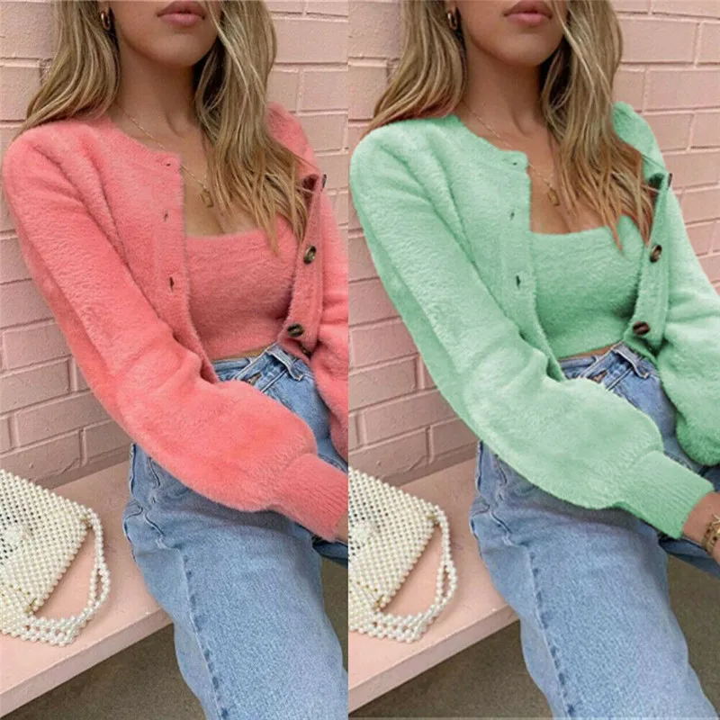 Fashion Women Winter 2PCS Set Fluffy Plush Soft Tube Top Solid Color Vest + Long Sleeve Sweater Button Cardigans Sets |