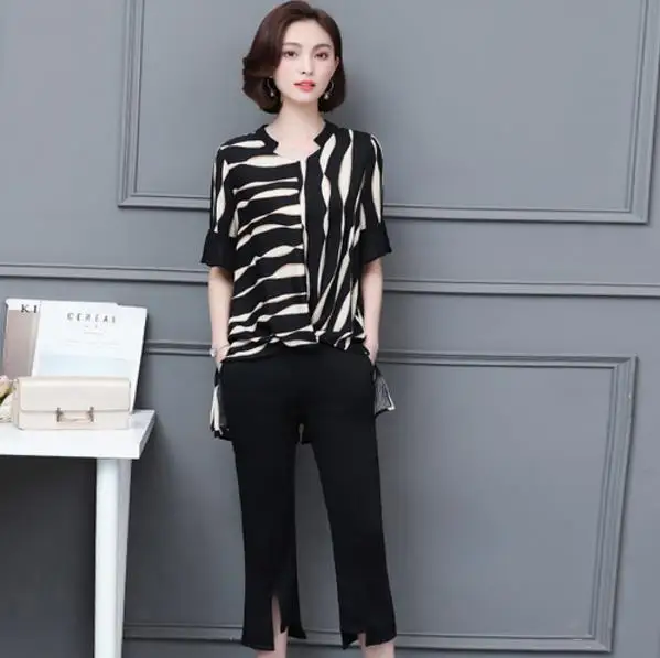 Женский костюм размера плюс комплект из 2 предметов полосатый топ и штаны лето 2019