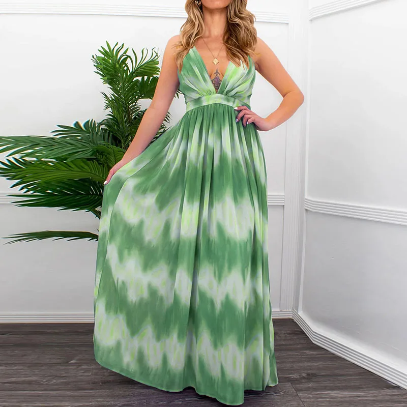 

Summer Spaghetti Strap Stripe Maxi Dress Women Sexy Backless V Neck Beachwear Slim Casual Dress