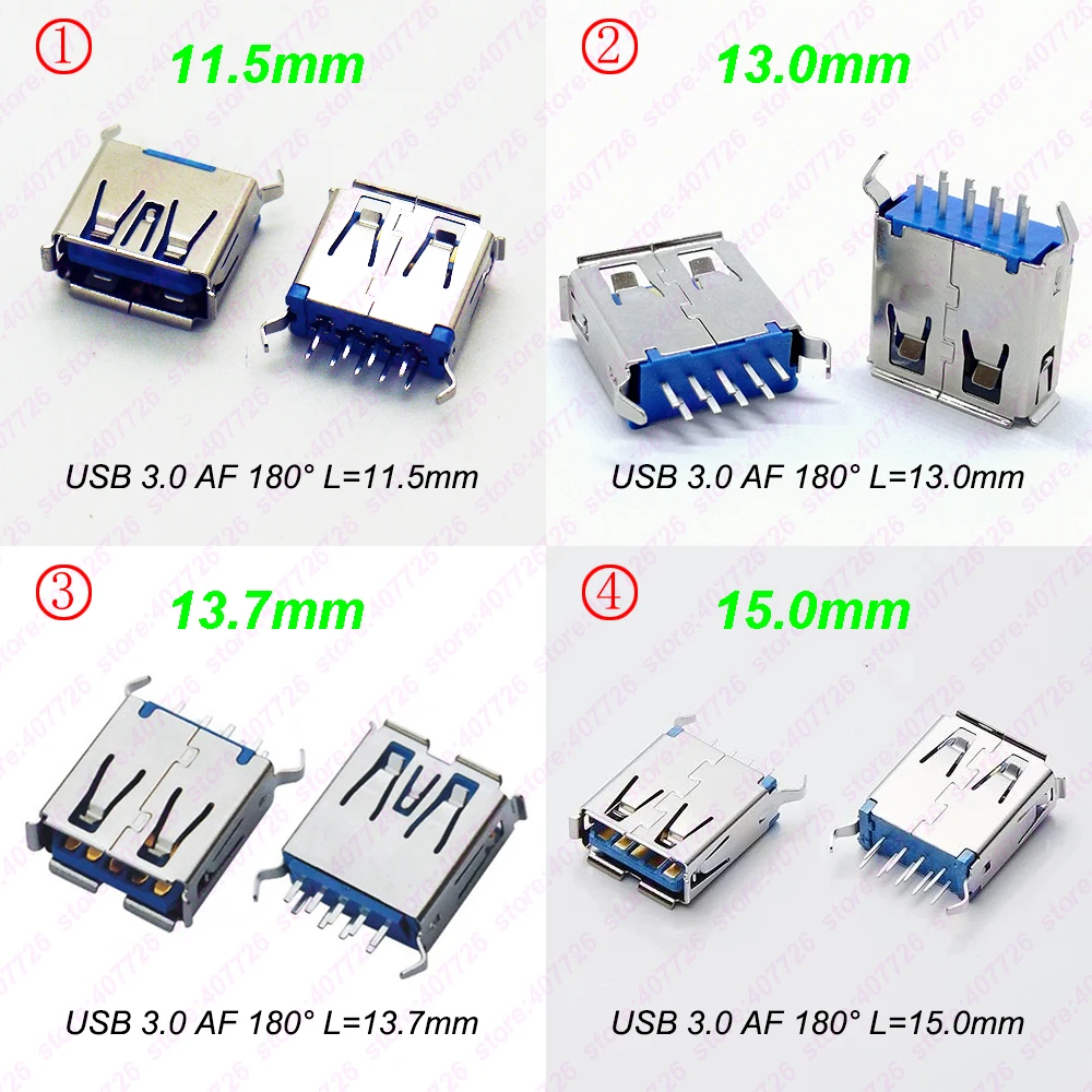 

200PCS High-Speed USB 3.0 Socket Female Connector AF Type 180degree Vertical 2 Bent Feet L=11.5/13//13.7/15MM