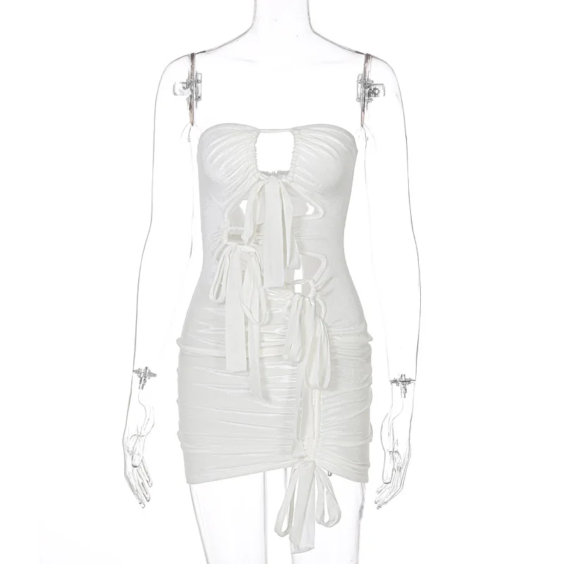 

Transparent Bodycon Dress Women Lace Up White Stapless Club Dress 2021 Summer Ladies Sexy Dress Vestidos Robs