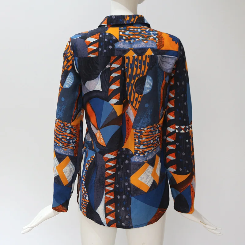 Женская рубашка с геометрическим принтом блузка длинными рукавами и карманами