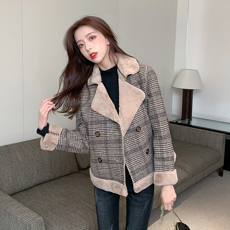

Fall Winter New Fashion Warm Wool Stitching Tweed Coat Women Elegant Double Breasted Ladies Notched Plaid Women's Jacket