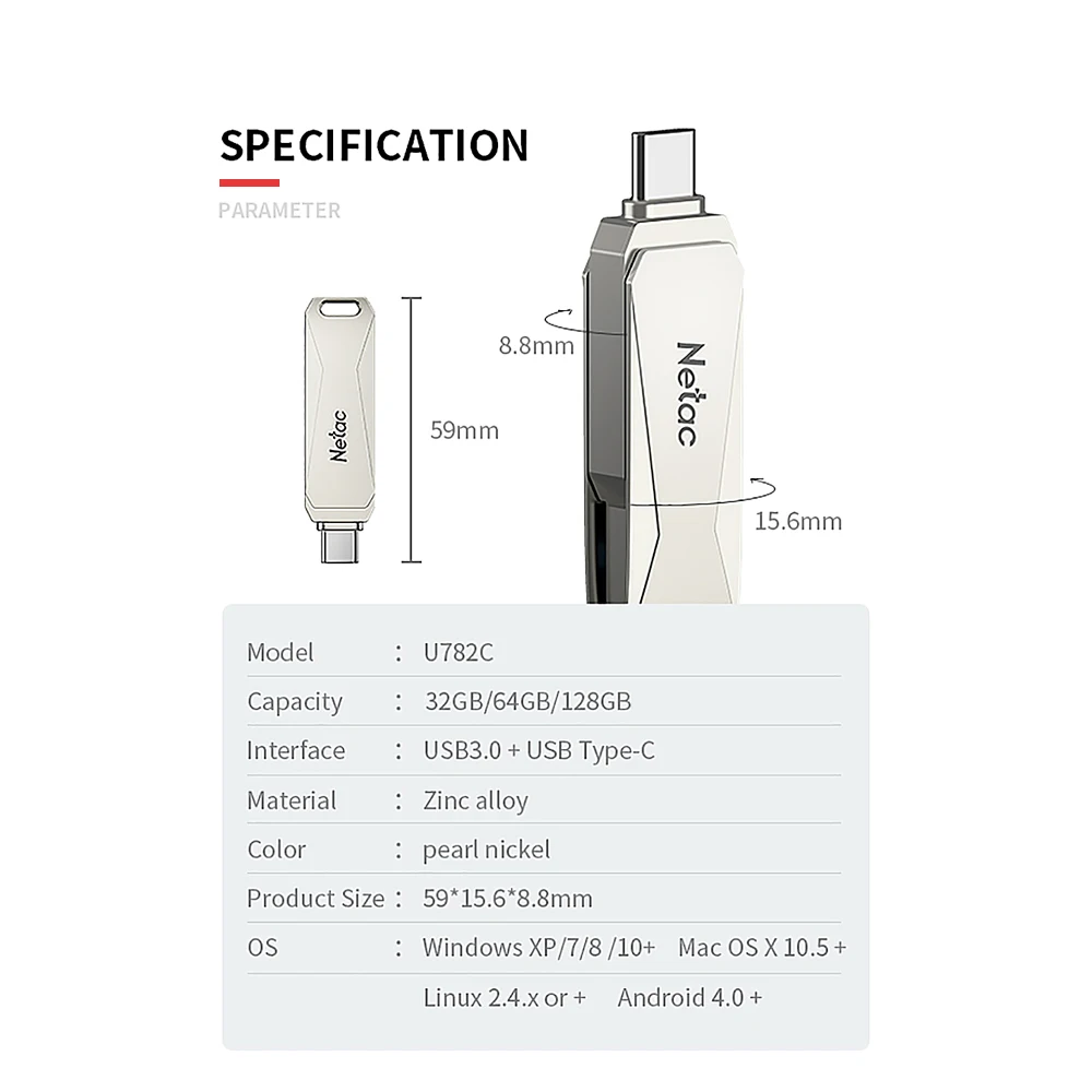 Netac U782C 32/64/128 ГБ Type C + USB двойной интерфейс флеш накопитель Plug & Play мобильный телефон