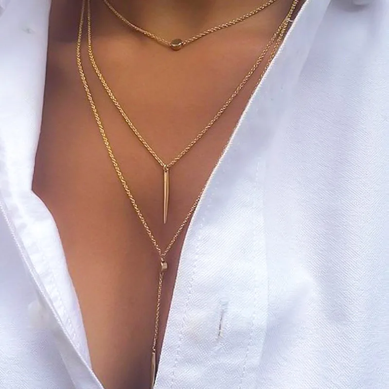 New Metal Stick Long Chain Choker Necklace Pendant Women Small Dot Gold Silver Exquisite Multi-layer Jewelry | Украшения и
