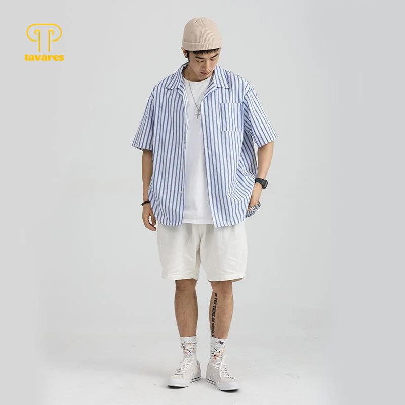 

Рубашка TAVARES мужская с коротким рукавом, Повседневная модная сорочка в полоску, с холодным ветром, литература, художественная одежда, синий ...