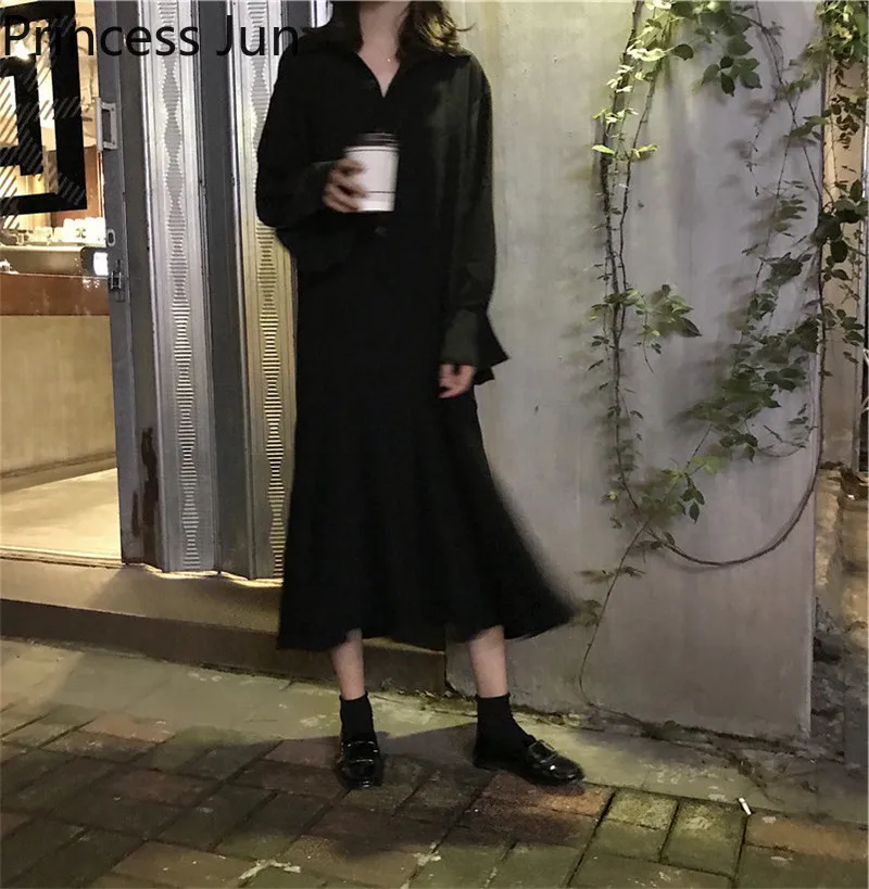 Женское платье-трапеция в стиле ретро винтажное Черное длинное платье-рубашка с