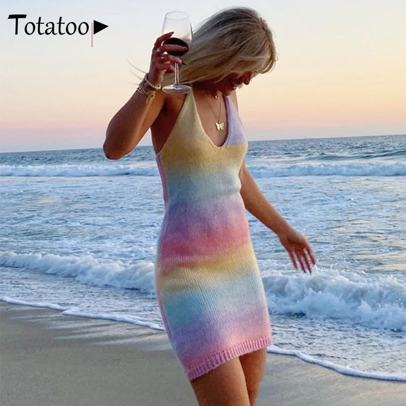 

Totatoop Rainbow Print Boho Summer Dress For Women 2021 Halter Backless V Neck Beach Party Sexy Dress Y2K Knitted Vestidos