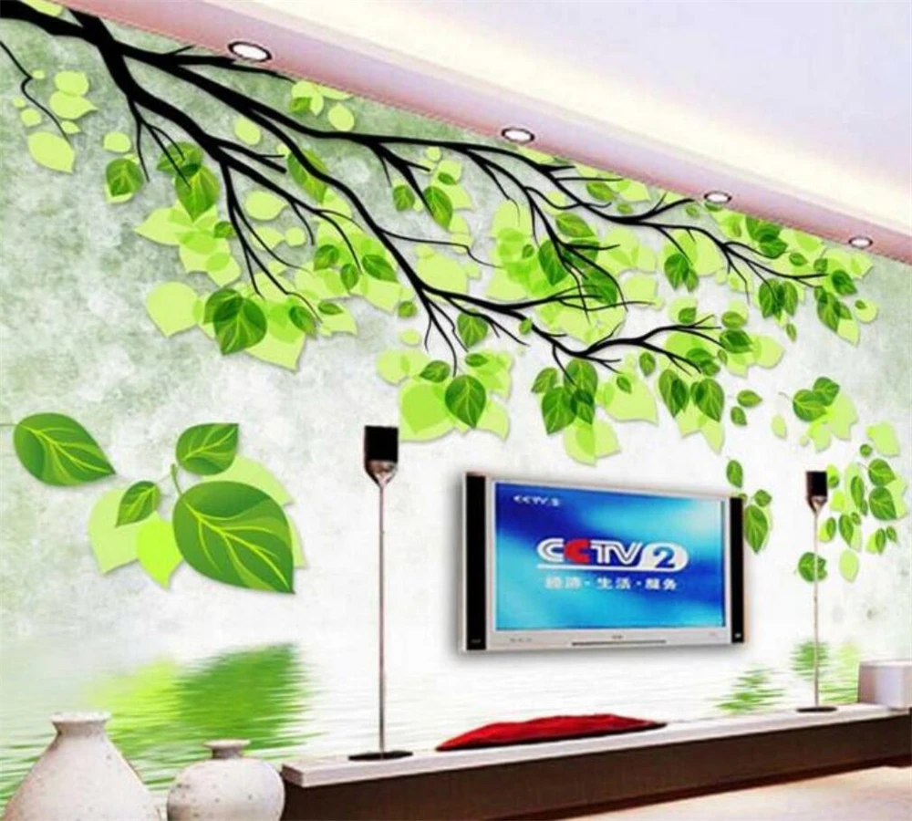 

beibehang Modern minimalist fresh green leaf reflection TV background large custom living room bedroom sofa home decoration