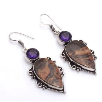 

Натуральная яшма + Аметист Серебряные накладки на медные серьги ювелирные изделия, ручная работа, для женщин, ювелирное изделие, подарок, 55 м...