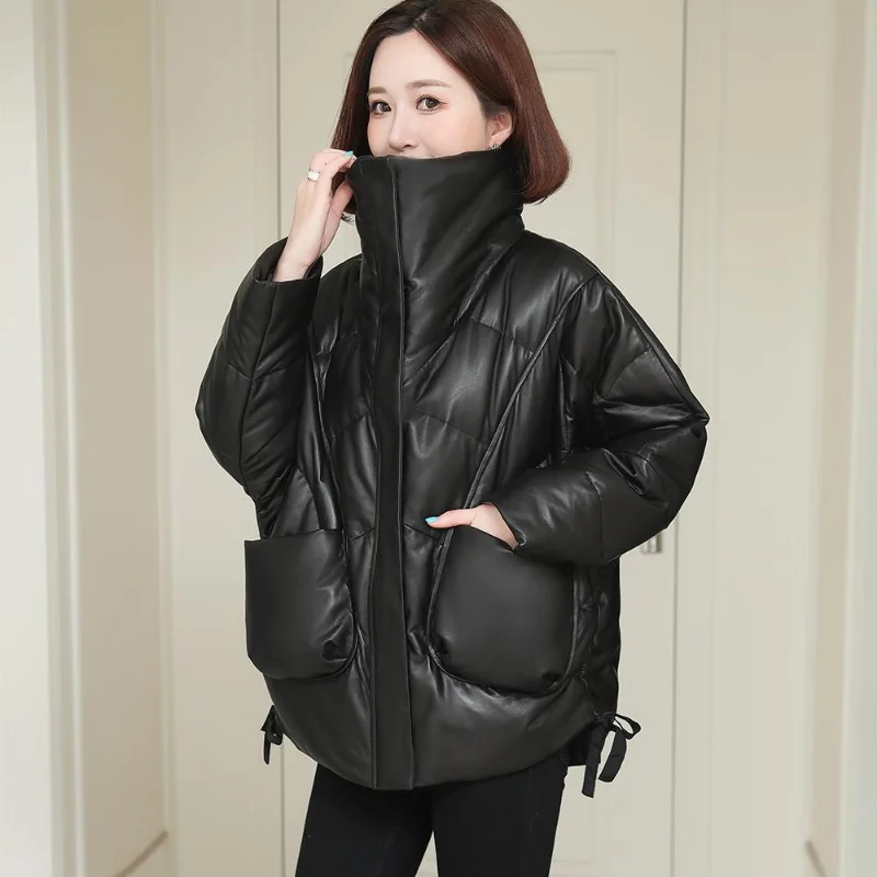 

2022 Spring Winter New Woman Casual Parkas Female Fashion PU Leather Coats Ladies Elegant Windproof Cotton Padded Jackets Q280