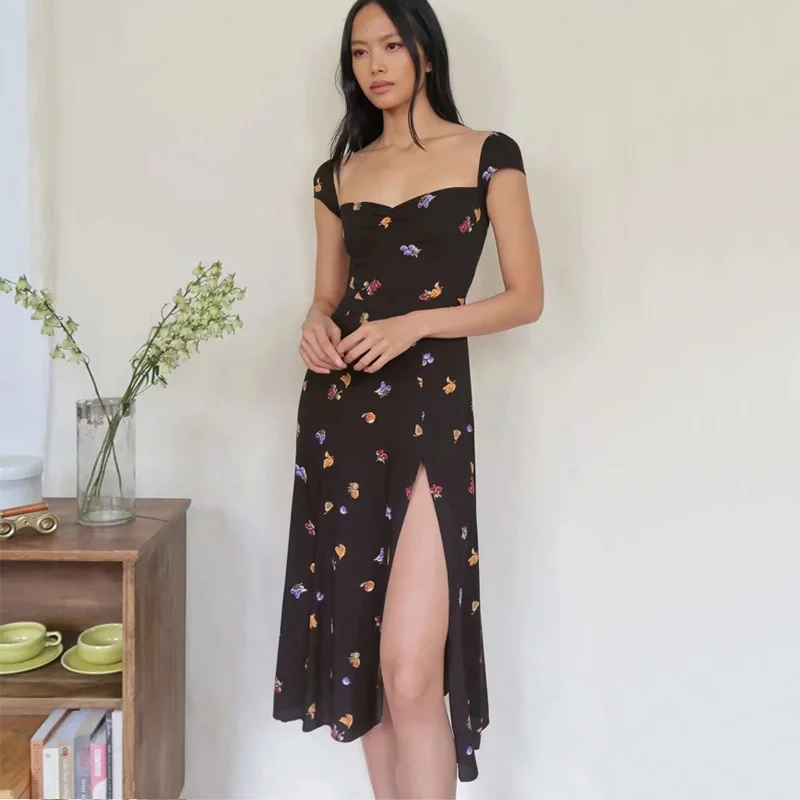 

Для женщин вырез в форме сердца платье миди с цветочным принтом с разрезом спереди деталь A194