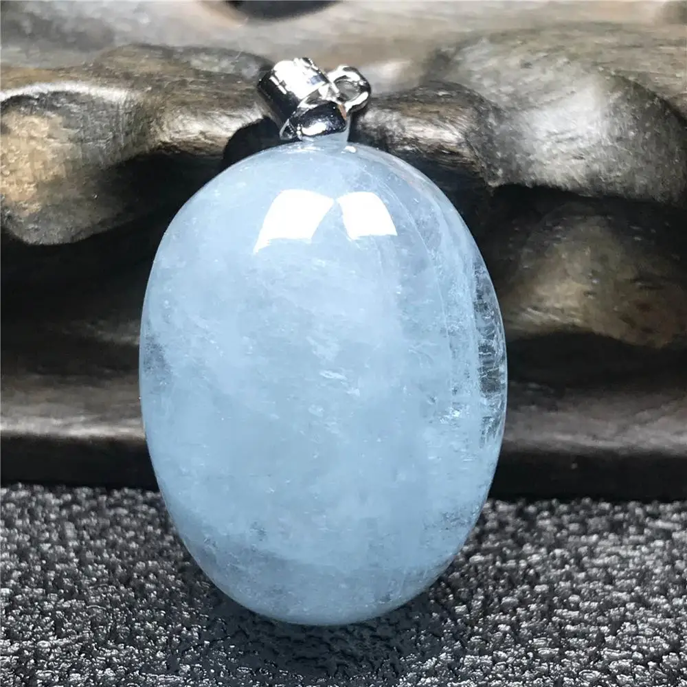 

Genuine Natural Blue Aquamarine Pendant Jewelry For Woman Lady Men Clear Rare Gemstone Silver 27x21x15mm Oval Beads AAAAA