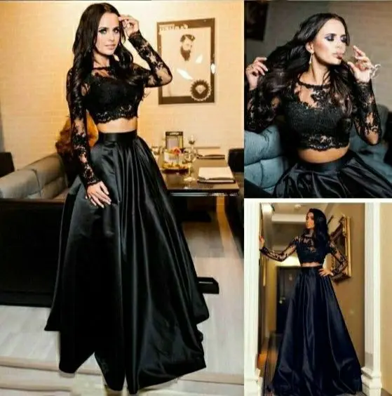 

Sexy 2 Pieces A-Line Long Sleeve Black Evening Dresses with Pockets Floor Length Satin Zipper Back Formal Party Dress for Women