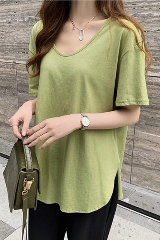 

Large Size Loose Slimming Women T Shirt Casual Summer Short Sleeved T-shirt Female Elegant Short Sleeve V Neck Top
