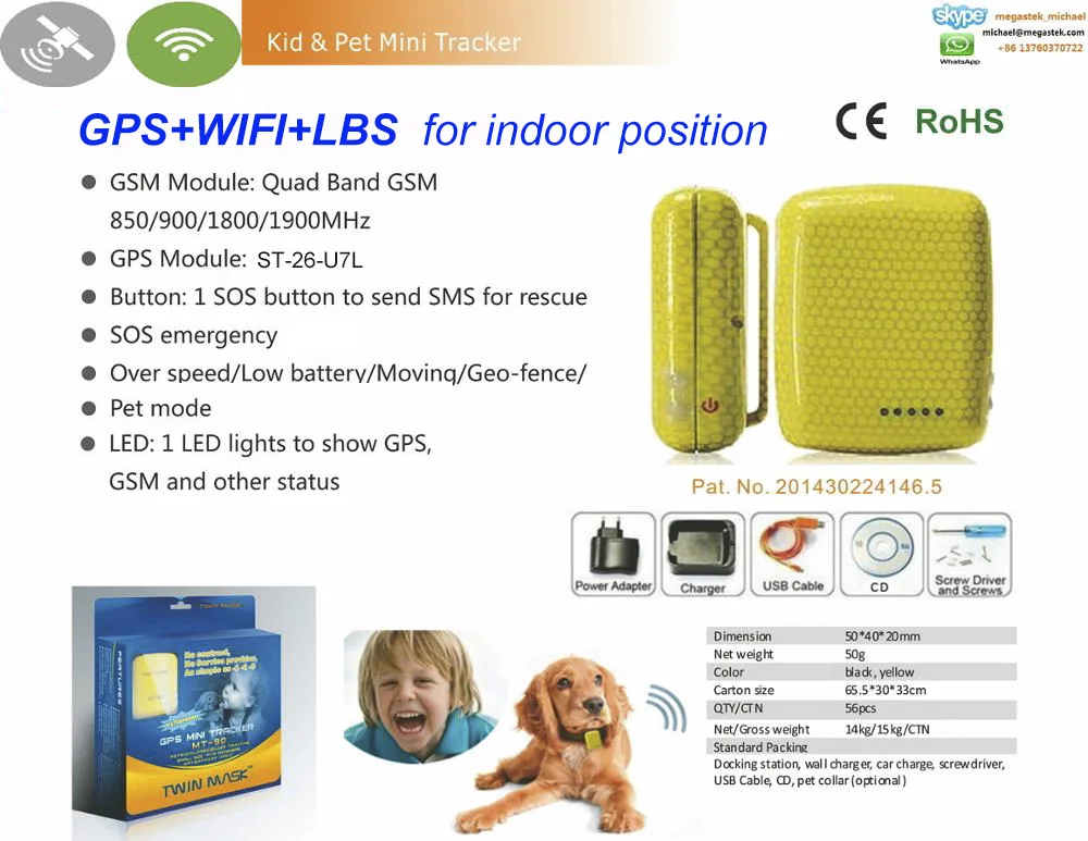 Точное позиционирование водонепроницаемый Wi Fi трекер для домашних животных MT90W