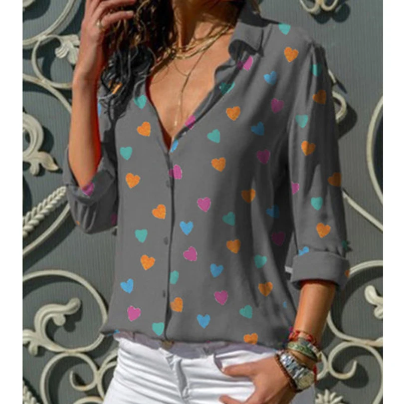 

Women's Tops Blusa New Heart Printed V Neck Lady's Shirts Spring Summer Bottom Blouse Plus Size 3XL White Blue Women Blouses