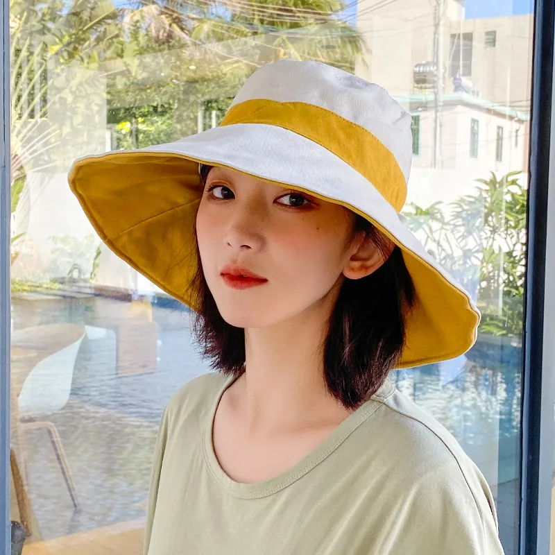 

Summer Big Size Bucket Hat Women Sun Hat Korean Anti-sunburn Wide Brim Fishermen Caps Basin Chapeau Two Side Reversible Panama