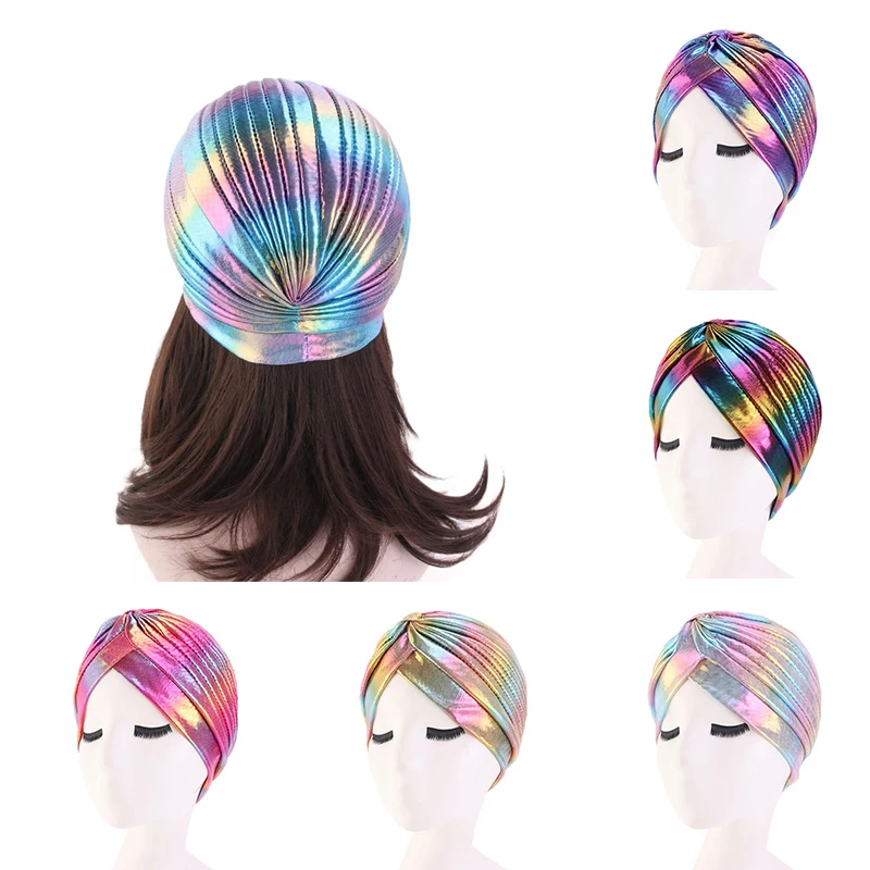 Женская мусульманская Кепка хиджаб тюрбан повязка на голову красочный лазерный