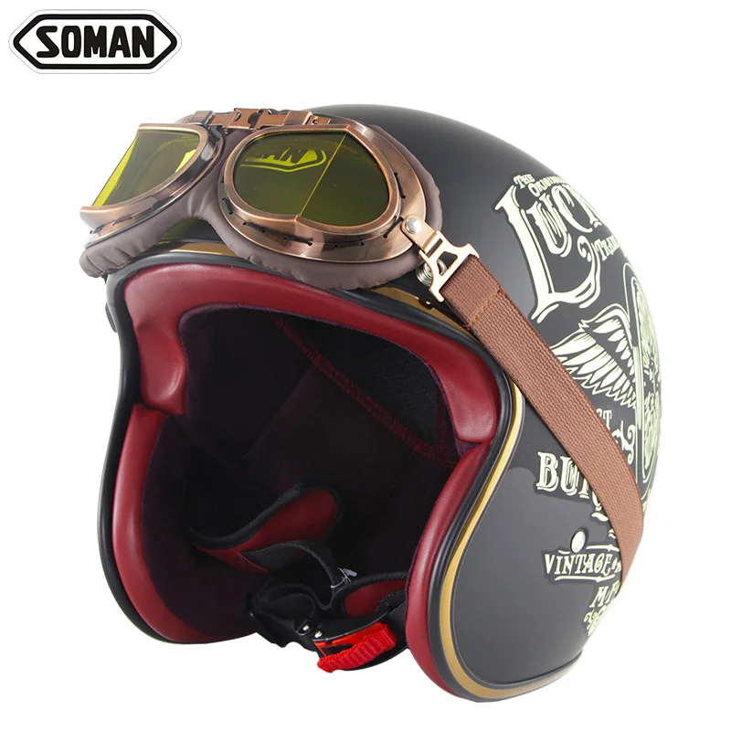 

Черный мотоциклетный шлем классический ретро винтажный шлем с открытым лицом Байкерский шлем мотоскутер Чоппер круизер шлем с очками