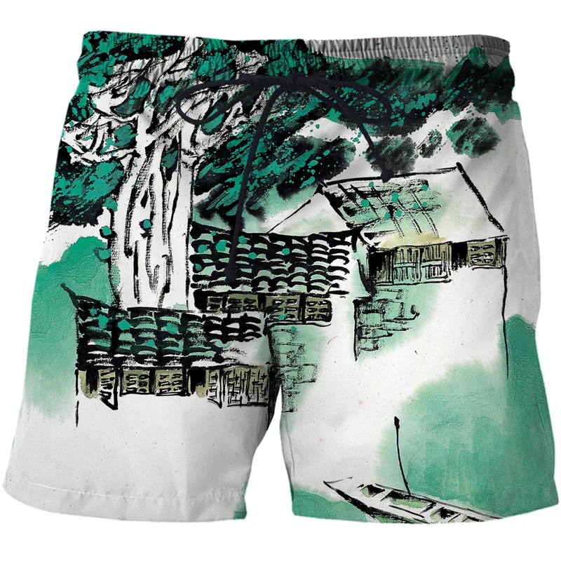 Mens Swimwear Shorts Trunks Chinese brush painting Beach Board Shorts Swimming Pants Swimsuits Running Sports Surffing Shorts