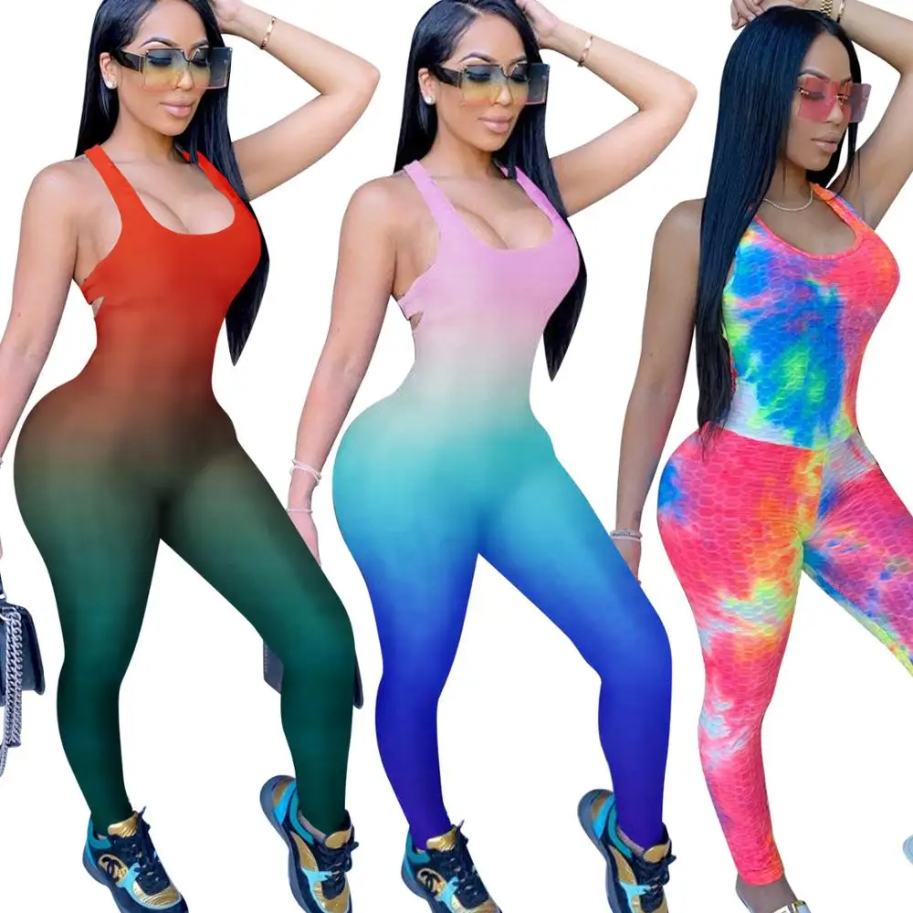 

young party women fashion gradient U collar backless jumpsuits sexy tight night club party lady fashion playsuits high street