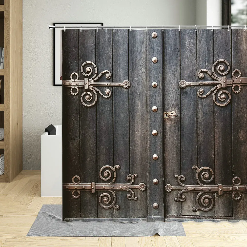 

Vintage Design Wooden Door Aged Gate Geometric Pattern Shower Curtain Waterproof Fabric Wall Decor Bathroom Curtains With Hooks