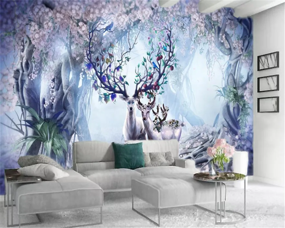 

3d Silk Wallpaper Sika Deer in Fantasy Flower Sea Forest Living Interior Decoration Mural Wallpaper of Living Room Bedroom