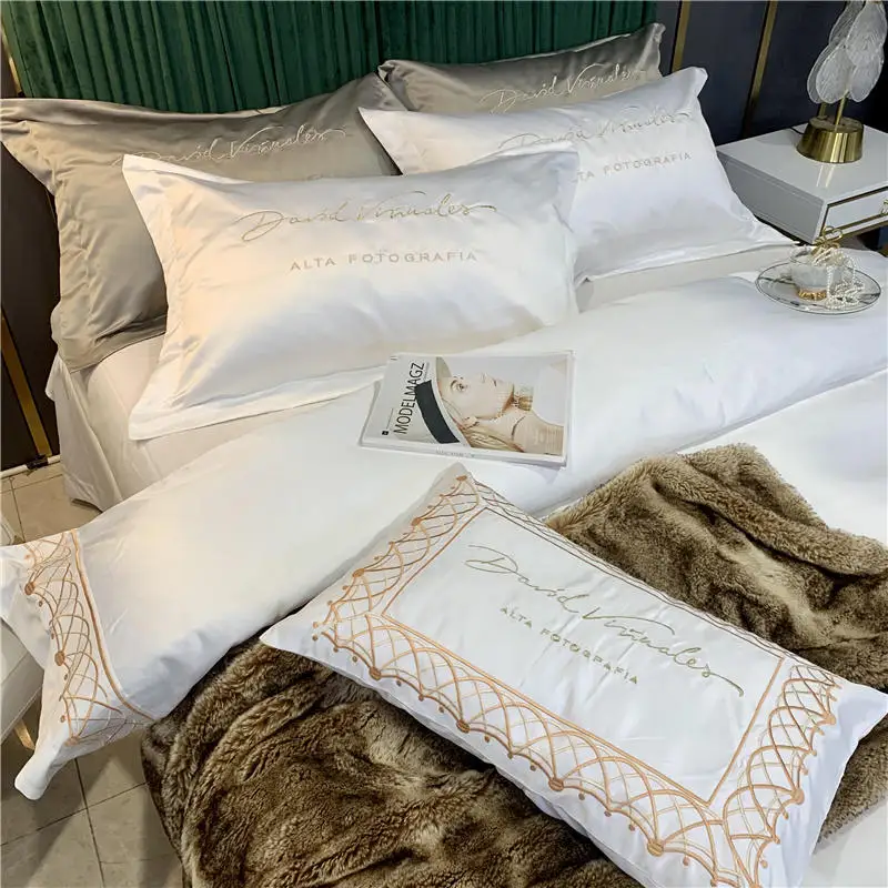 

Luxury Washed Silk Embroidery 100% Pure Cotton Home Bedding Set Duvet Cover Flat Fitted Sheet Pillowcases Queen King 4pcs