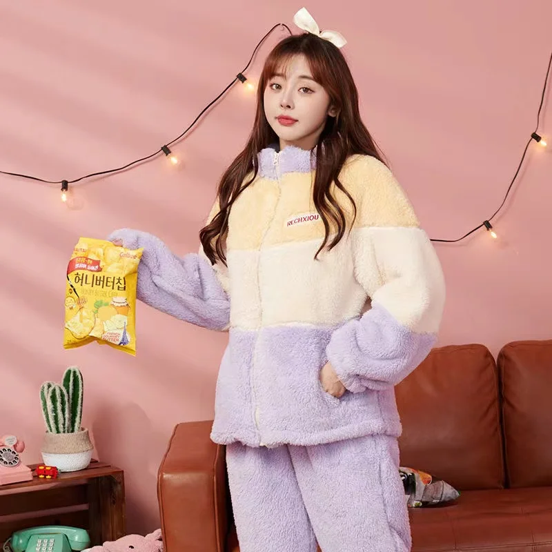 Coral Fleece Pajamas Sets For Women Winter Thick Warm Sleepwear 2 Pieces/Set Loungewear Pyjamas Suit Homewear Clothes