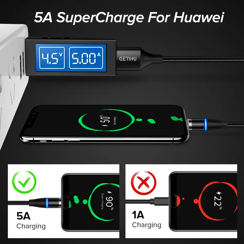Магнитный кабель 5 А с Micro USB и светодиодной подсветкой для быстрой зарядки