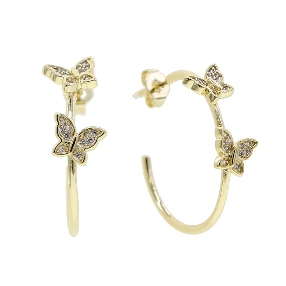 Женские серьги кольца с двойной бабочкой золотистые/Серебристые модные