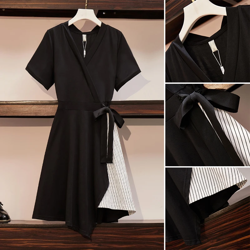 

4XL Plus Size Women Elegant Black Asymmetric Dress Summer 2021 Fashion V-neck Short Sleeve High Waist Patchwork Striped Dresses