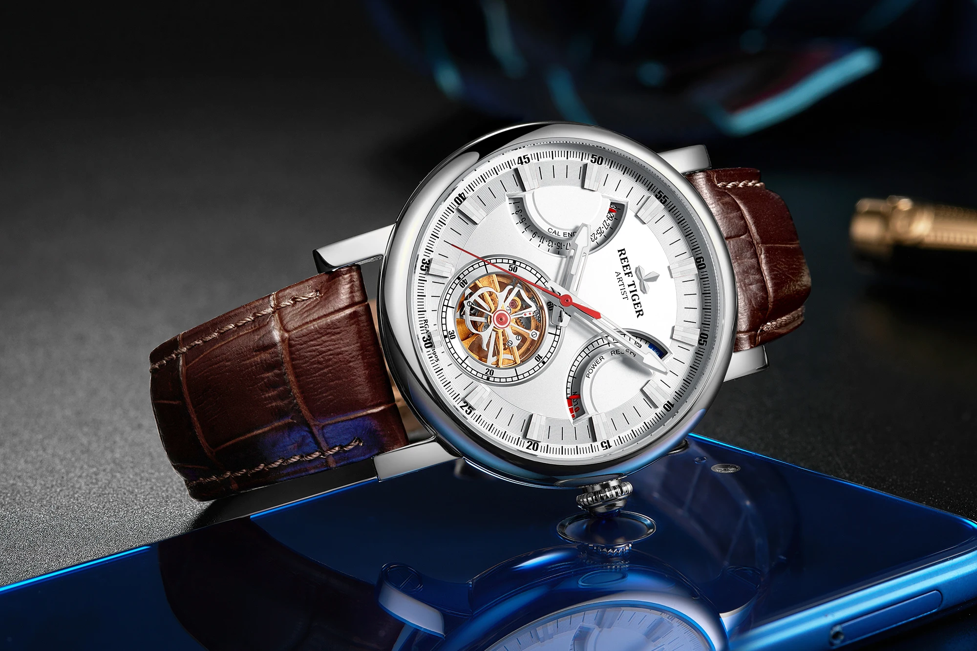 

Мужские наручные часы Reef Tiger/RT, автоматические часы со стальным белым циферблатом и сапфировым стеклом, черные часы с кожаным ремешком, RGA1950