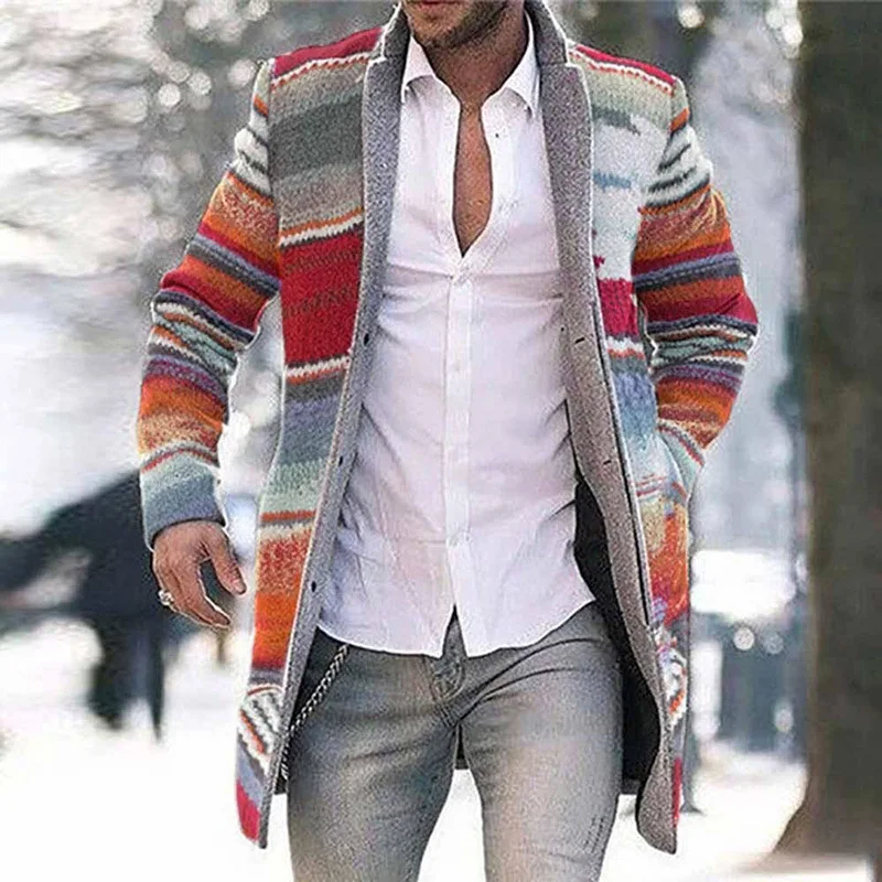 

Men Long Jacket Fleece Outwear Trench Parkas Winter Warm Overcoat Fashion Striped Cardigan V-Neck Male Thicken Top Casual Coat