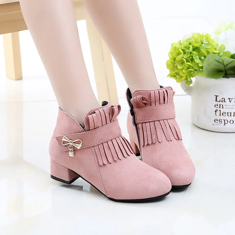 Детская обувь ботильоны для девочек новые осенние ботинки принцессы на высоком каблуке модная теплая