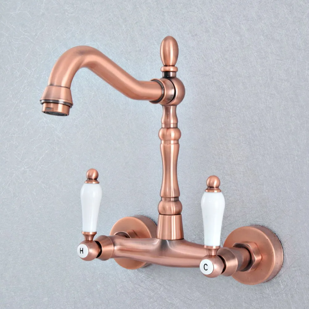

Antique Red Copper Brass Wall Mounted Kitchen Wet Bar Bathroom Sink Faucet Swivel Spout Mixer Tap Dual Ceramic Handles asf880