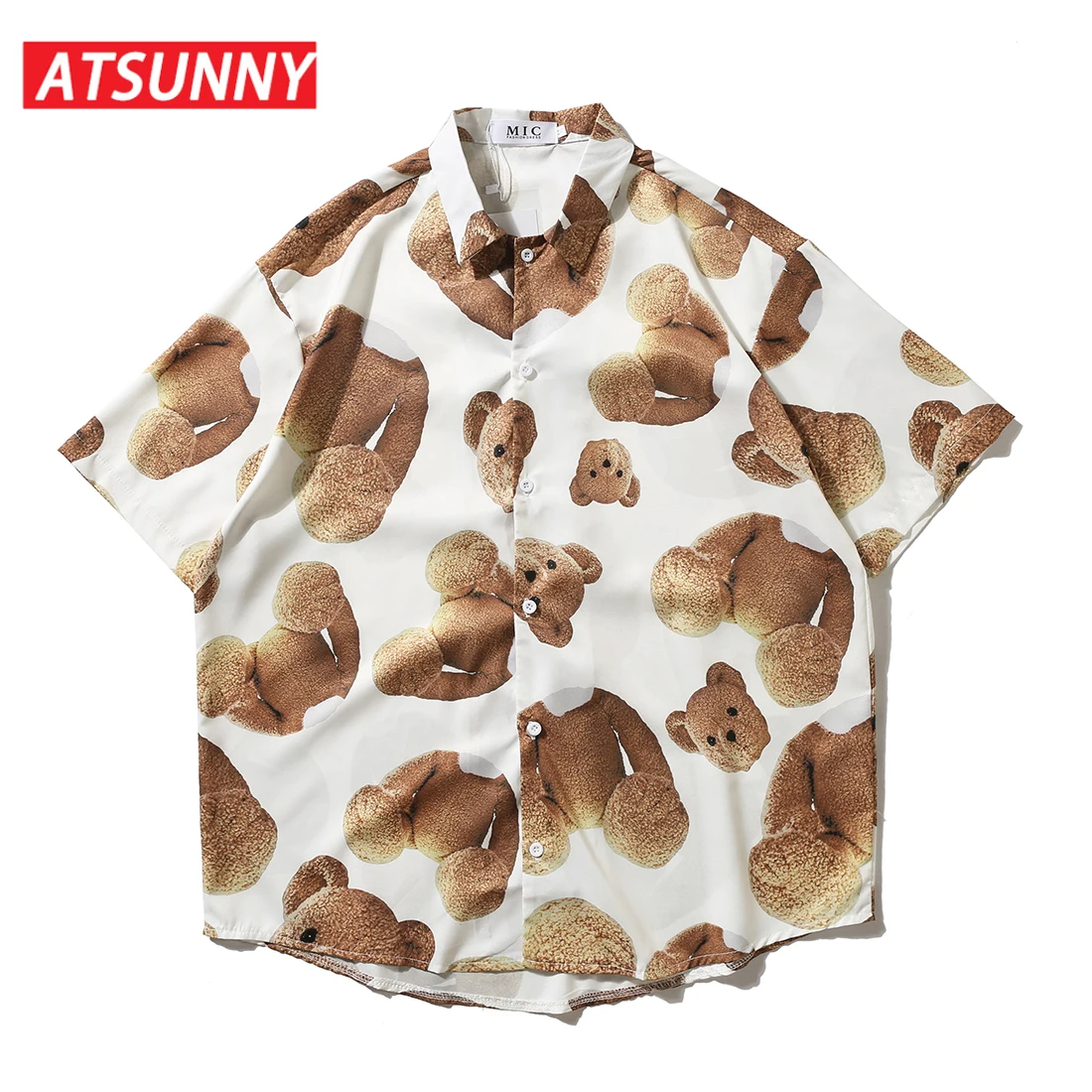 ATSUNNY Bear Print Short Sleeve Shirt HipHop Streetwear Casual Shirt Man Summer Fashion Hawaiian Shirts Tops